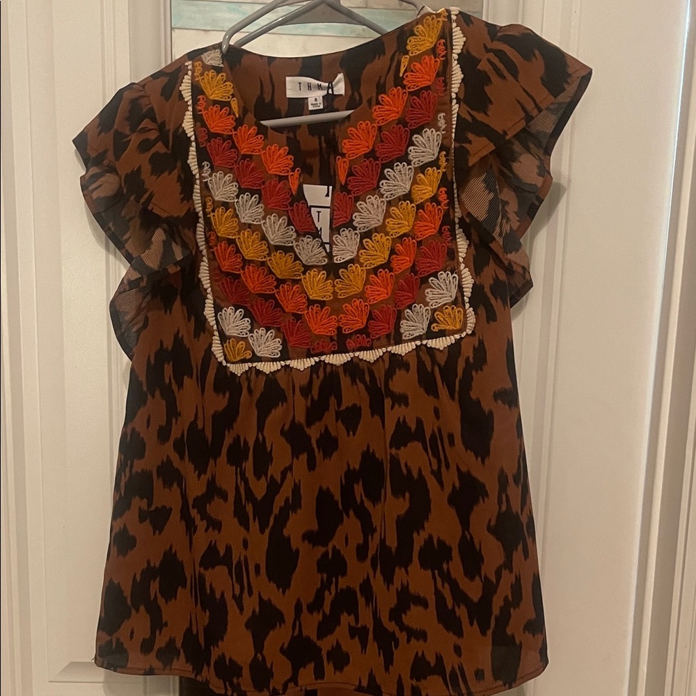 THML Brown Leopard Top with Multicolor Embroidery